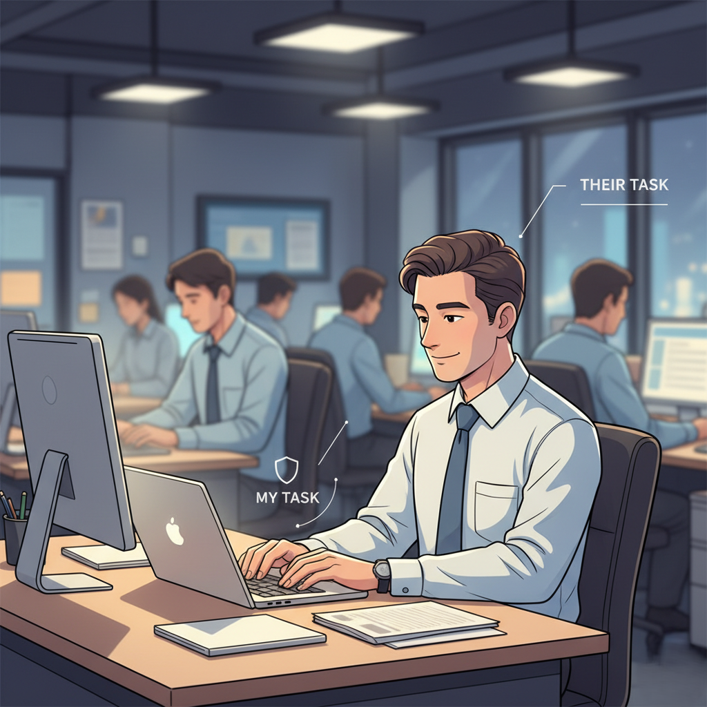オフィスで、周りの残業する同僚たちを背景に、一人だけ穏やかな表情で自分のPCに向かい、集中して仕事をしているビジネスパーソンのイメージ。アドラー心理学の「課題の分離」を職場で実践している様子。
